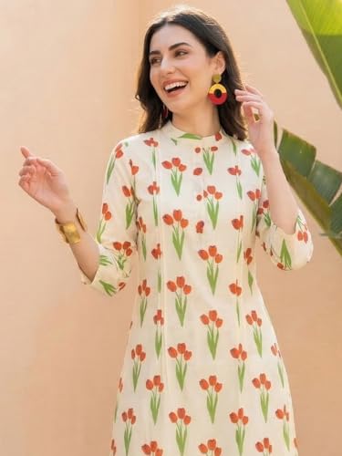 Image of INDO ERA Women Cotton White Printed Straight Kurta Pant Set