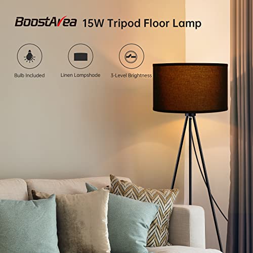 Boostarea Floor Lamp For Living Room, Tripod Floor Lamp, 15W Led Bulb, 3 Levels Dimmable Brightness, Black Linen Lamp Shade, Mid Century Standing Lamp For Living Room, Bedroom, Study Room And Office #TOP1
