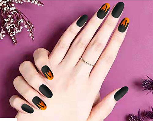 Cathercing 24 Pcs Design False Nails Medium False Nails Round Head Nails with Fire Pattern Fake Gel Tips Art Fingernails Clip on Nail for Women Teen Girls Gift Prom Party Halloween (black and orange)