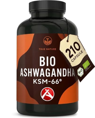 TRUE NATURE Bio Ashwagandha KSM-66® - 210 Capsule - 600 mg al giorno | Alto Dosaggio - (Withania Somnifera) - vegano, Bio India, testato in Laboratorio, produzione Tedesca