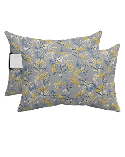 Pack of 4 Retro Yellow Flower Autumn Harvest Lumbar Pillow Covers, Outdoor Waterproof Throw Pillow Covers Set, Grey Fall Decorative Cushion Case for Patio Beach, 11x16 Inch