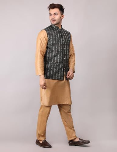 Image of Men's Cotton Silk Blend Regular Kurta Pyjama, Embroidered Nehru Jacket /Waistcoat Set