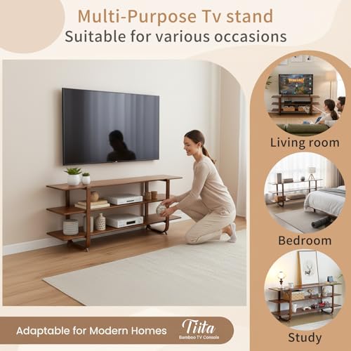 Image of Tiita Walnut TV Stand for 65-Inch TVs, 3-Tier Storage, Modern Media Console