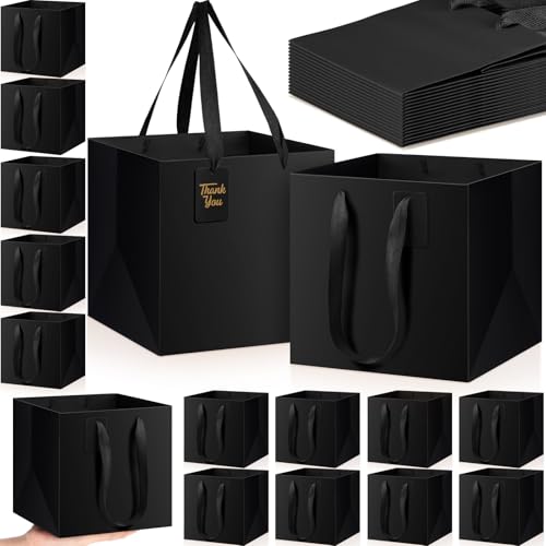 Windyun 25 Pcs Square Paper Gift Bags with Handle 10 x 10 x 10'' Large Favor Bag with DIY Thank You Tag for Wedding Christmas Bridal Shower Bridesmaid Birthday Party (Black)