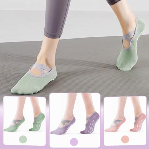 Image of BendJoy 3Pairs Non Slip Yoga Socks for Women - Breathable Cotton Anti Skid Pilates Casual Grip Socks for Yoga, Ballet, Barefoot Workout, 4.5-7.5 UK, Purple