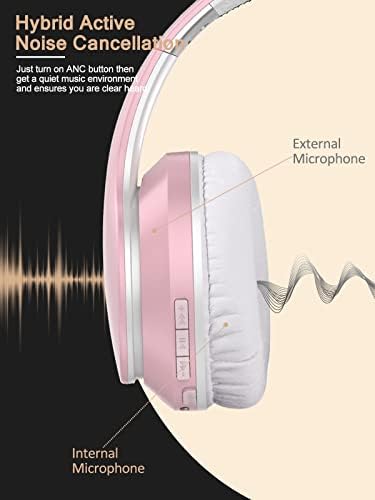 BASEMAN Active Noise Cancelling Headphones - Over Ear Bluetooth Wireless Headphones with Built-In Mic, Deep Bass Headphones for Travel, Home, Office [Comfortable Protein Ear-pads, 30H Playtime] - Pink