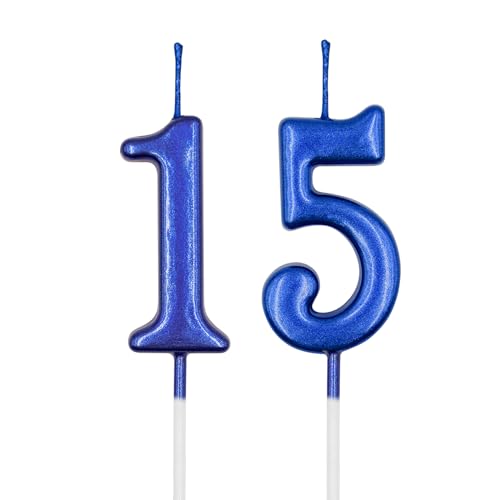 15th & 51st Birthday Candles Blue Number 15 51 Candle for Cake Happy Birthday Cake Topper Decoration for Birthday Anniversary Celebration Party Supplies