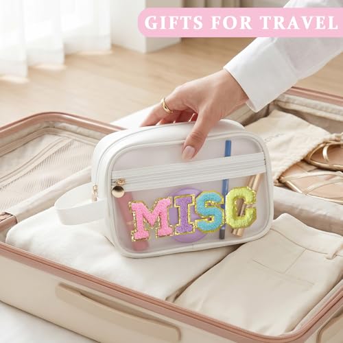 Image of COSHAYSOO Clear MISC Makeup Bag Miscellaneous Stuff Organizer, Small Preppy Chenille Letter Patch Cosmetic Zipper Pouch, Toiletry Make Up Travel Purse Gifts for Teen Girls Women Daughter Sister