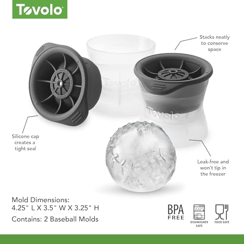 Tovolo Baseball Ice Molds Pack of 2 Large Craft Ice Mold Spheres for Whiskey Bourbon Cocktails, Dishwasher Safe BPA Free Silicone Baseball Ice Sphere Fun Gifts for Baseball Fans Coaches Fathers Dads