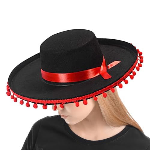 Sombrero de flamenco – Sombrero de disfraz español, accesorio de cosplay de ala ancha, ribete de pompones, traje tradicional | Accesorios de fiesta de festival para mujeres y hombres, vacaciones