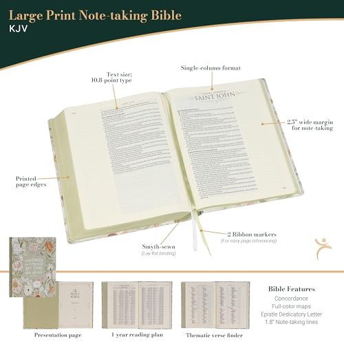 Image of KJV Note-taking Bible, Large Print Special Edition, Journal Space, Reading Plan, Maps, Concordance, King James Version Holy Bible, Amelia Sage Floral, 10.8 pt. (KJV Note-taking Loveall Edition)