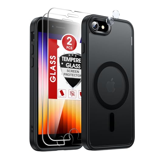 LeYi for iPhone SE-Case: iPhone-8 Phone Cases with [Screen Protector X2+ Camera CoverX2] iPhone 7 Case SE3 3rd Generation 2022 SE2 2nd Gen 2020 for Magsafe Magnetic Girls Kids iPhone8 iPhone7, Black