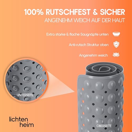LICHTENHEIM Duschmatte rutschfest Sensitiv 100x40 cm - INKL 2 Haken - Badewannenmatte rutschfest - Antirutschmatte Badewanne BPA frei - Badematte schimmelresistent & waschbar (Anthrazit)