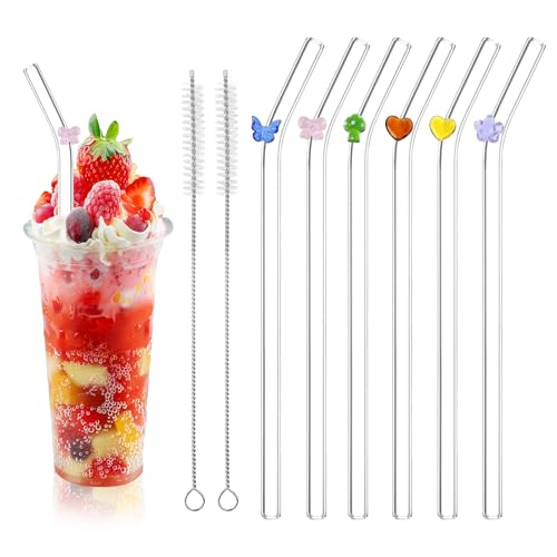 6 PCS Reusable Straw with 2 Cleaning Brushes, Eco Friendly Bent Straws Reusable Glass Straws Drinking for for Smoothie, Milk, Cocktail,Juice (20cm)