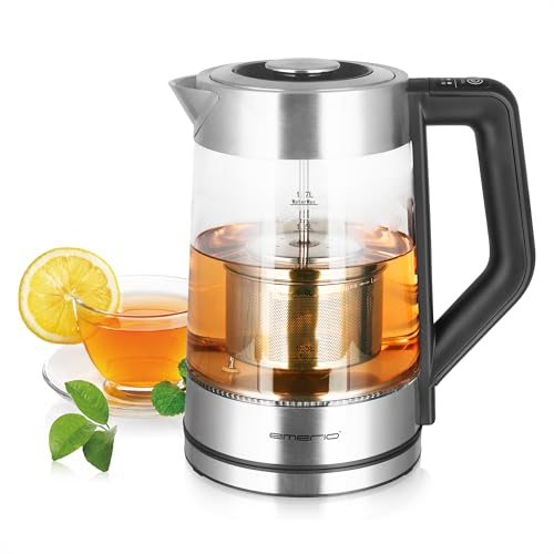 Emerio Glas Teekocher mit Temperaturwahl [50|70|80|90|100°C], WK-122730, Wasserkocher, manuelles Teesieb aus Edelstahl entnehmbar, Borosilikatglas, BPA frei, 1.7l Volumen, 2200 Watt, Silber