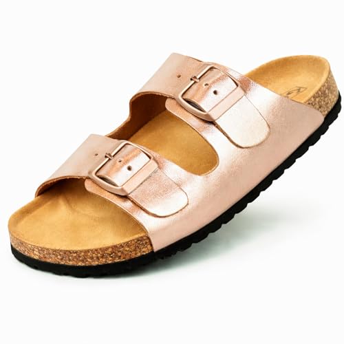 GONKOS®, Sandalias Piel Autentica Corcho Natural, Hebillas ajustables al Pie, Sandalias piel Hombre Sandalia Piel Mujer de Calidad Hechas en España, Rosa Metalico Talla 39