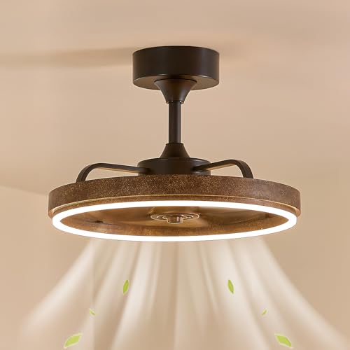 Image of Farmhouse Fandelier Retro Ceiling Fan with Light, 20 inch Rustic Brown Dimmable LED Chandelier Ceiling Fans, Low Profile Smart Bladeless Ceiling Fan Lights 6 Speeds for Bedroom, Living Room