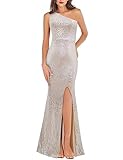 Womens Wedding Dresses Sequined Formal Mermaid Maxi Dress Evening Summer Sleeveless Sexy Party Gown Floor Length Long Split Birthday Dress Silver White XL