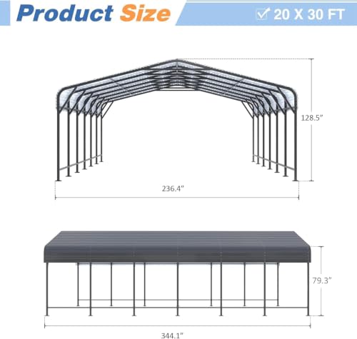 Image of AirWire 20x30 FT Metal Carport, Heavy Duty Car Port Canopy with Reinforced Base and Galvanized Steel Roof & Frame, 2 Car Garage Shelter for Car, Boats and Trucks