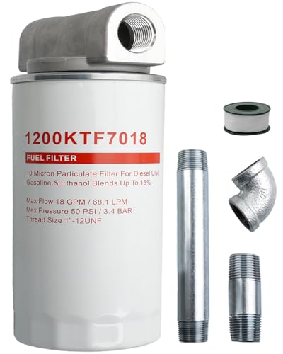 1200KTF7018 Fuel Filter Spin-On Particulate Replacement for Transfer Pumps FR112 FR1210G FR610G 18 GPM Flow Rate 50 PSI- Includes 1200KTG9075 Filter Head 3/4 ST Elbow and 3/4 x 7 Nipple