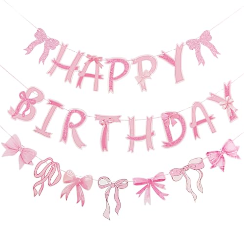 Image of Pre-Strung Pink Bow Birthday Decorations, Pink Coquette Party Decorations, Bow Party Supplies Include Happy Birthday Banner, Bow Garland Banner for Girls