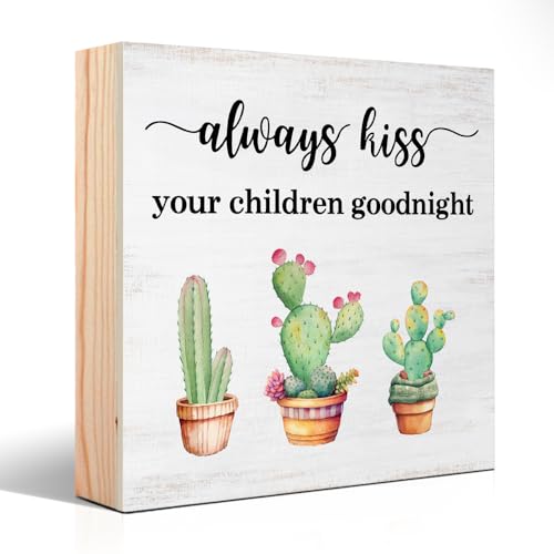 PUVOXHO Always Kiss Your Children Goodnight Wooden Sign Desk Decor,