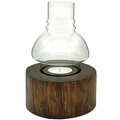 Gedeko Windlicht Teelichthalter Holz mit Glas Teakholz Rund Braun Rustikal Cover
