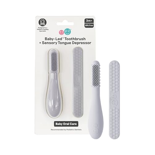 Image of ezpz Baby-Led Toothbrush + Tongue Depressor Dual Pack (Pewter) - 100% Silicone Toothbrush + Silicone /Stainless Steel Tongue Depressor - Helps Set-up Infants for a Healthy Oral Care Routine