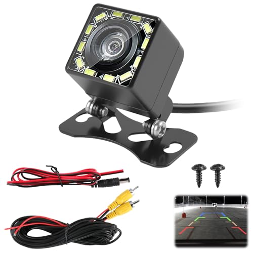 Car Backup Reversing Camera Color HD 720P 170° Wide Angle Rear View Parking Camera with 12 LED IP68 Waterproof Reverse Camera for Trucks Vans Bus SUVs RVs Caravan, 6m RCA Cable