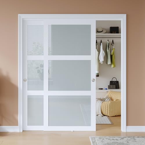 EaseLife 72x80 in Sliding Closet Door for Bedroom, 3-Lite Frosted Glass Sliding Door with Hardware Track Kit & Floor Guide, Preassembled Door Panel, MDF White Pocket Doors (Double 37in Door)