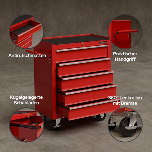Arebos Werkstattwagen 5 Fächer/zentral abschließbar/Anti-Rutschbeschichtung/Räder mit Festellbremse/Massives Metall/rot, blau oder schwarz (rot) - 4