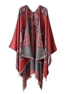ORANDESIGNE Poncho Châle Femme Écharpe Cape Épaisse Elégant Chaud Automne et Hiver Grand Taille Foulard Chaud Ouverture Faux Cachemire Douce Châle Imprimé Ethnique Longues Écharpes D Rouge