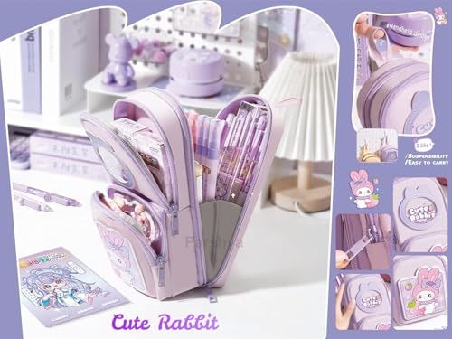 Image of WORSHIPER 6 Layer with 3 Compartment Premium Canvas Pencil Pouch for School Girls and Boys, Cute Aesthetic Stationery Items Kit Case, Large Capacity Stationary Pencil Pouch (: Purple Cute Rabbit)