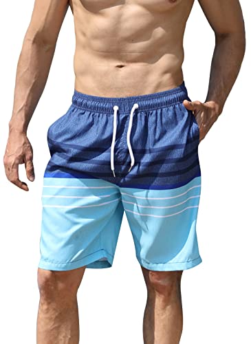 Maeau Swimming Beach Shorts for Men Drawstring Swim Trunks Quick Dry Surfing Board Shorts Summer Elastic Waist Swimwear Blue M