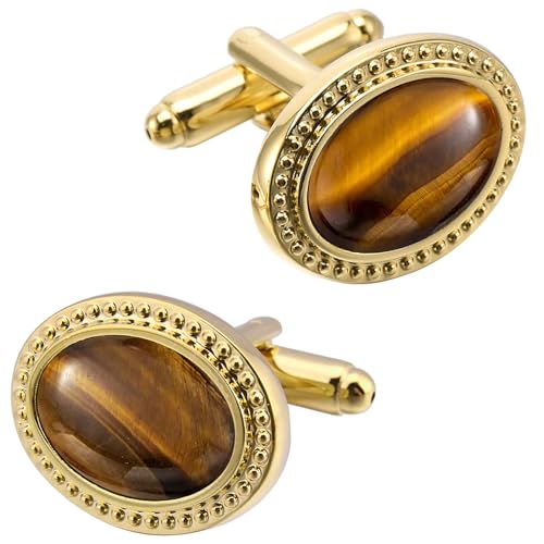 Oval Natural Polished Tigers Eye Gemstone Cufflinks for Men Silver/14K Gold Plated Crystal Men's Cufflinks Jewelry for Wedding Anniversary Business Party Tuxedo Dress4