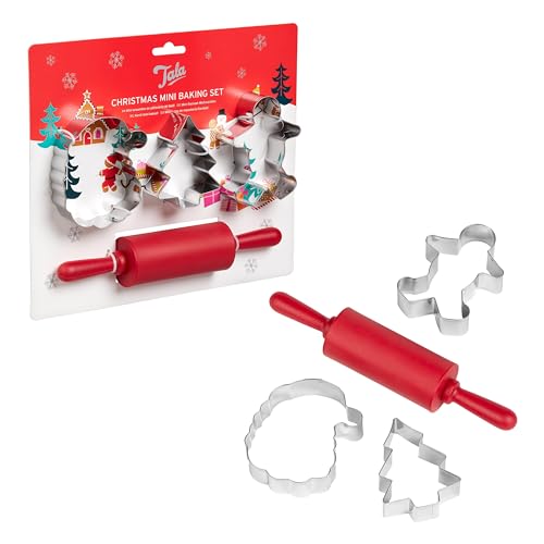 Tala Christmas Themed Mini Baking Set, Perfect for Festive Family Baking and Includes Santa, Christmas Tree and Gingerbread Cutters and a Handy Silicone Rolling Pin