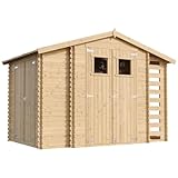 TIMBELA M389 Caseta de Madera para jardín con leñera y trastero - caseta de Pino/Abeto - H218 x 328 x 206 cm / 3,53 + 0,94 + 0,94 m2