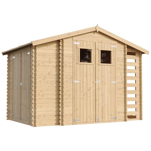 Abri de Jardin en Bois et Range bûches extérieur avec Sol TRAITÉ - extérieur I206xL328xH218 cm/ 3,53 + 0,97+0,97 m2 Petit abri à Outils, Local à vélos -...