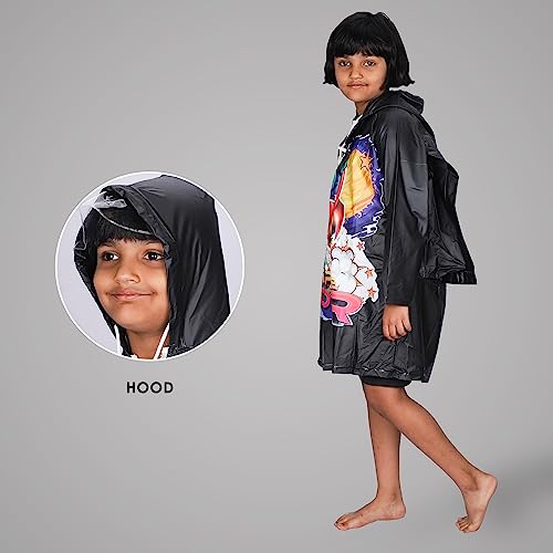 Image of THE CLOWNFISH Toon Caper Series Kids Waterproof PVC Longcoat with Adjustable Hood & Extra Space for Backpack /Schoolbag Holding. Printed Plastic Pouch. Kid Age-5-6 years (Jet Black)