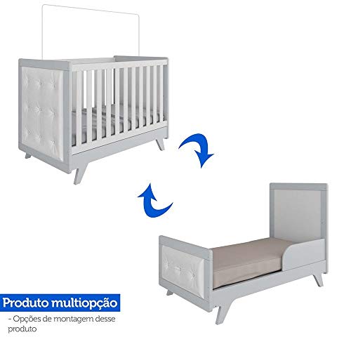 Quarto Infantil Retrô com Cômoda e Berço com Capitonê Móveis Peroba Branco/Cinza