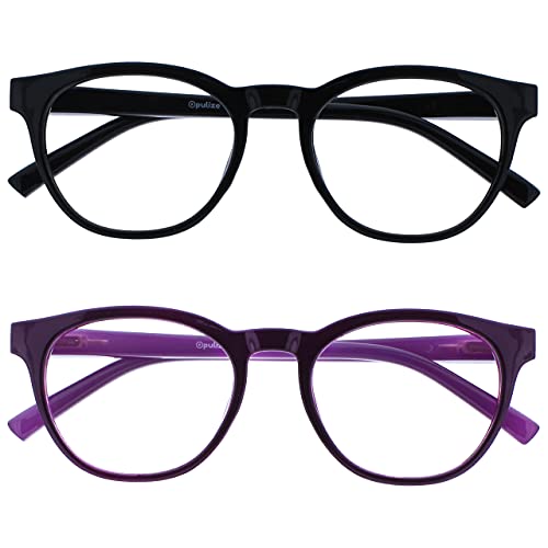Image of OPULIZE BLU Blue Light Blocking Reading Glasses for Women Men, Cool Round Frame with Anti-Glare Computer and Gaming Eyewear, UV and Eyestrain Protection, Black Puple +3.00 (Pack of 2)