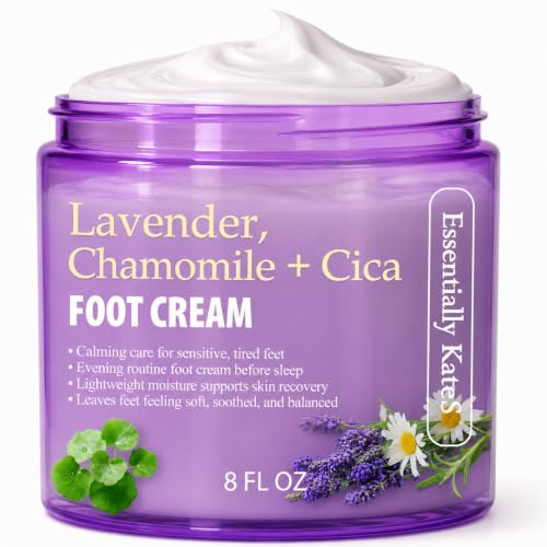 Essentially KateS Lavender Chamomile + Cica Foot Cream with Ceramides &amp; Shea Butter, Moisturizing Care for Dry, Rough and Cracked Heel Feet, 8 fl oz