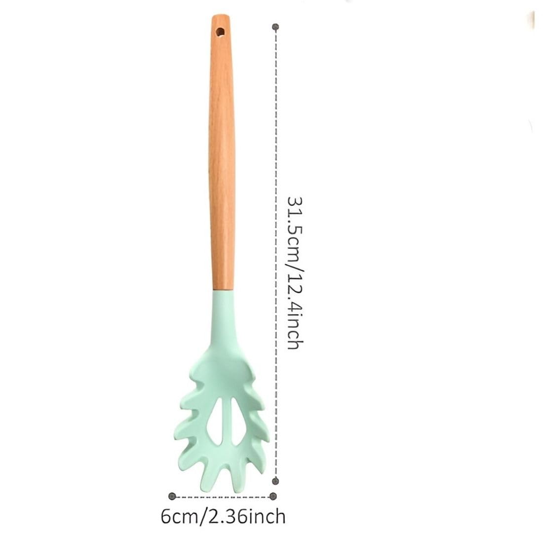 Besillia Pasta Catch Noodle Strainer Kitchen Spoon and Spaghetti Noodles Spaghetti Spoons Twirling Serving Spoon Slotted Silicone with Wooden Handle (Pack of 2, Green) 1