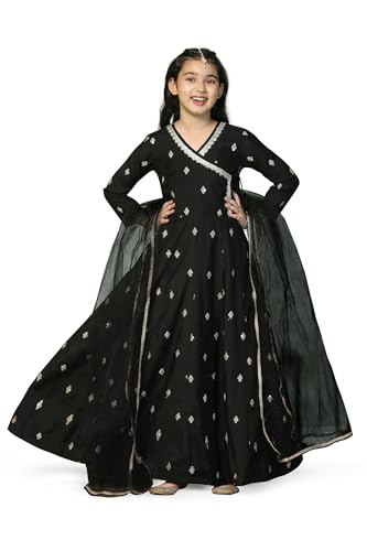 Image of Fashion Dream Girls Chanderi Embroidered Maxi Dress with Dupatta|Ethnic Gown for Kids