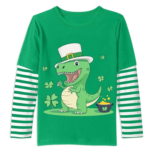 Toddler Boys St Patricks Day Shirts Long Sleeve T-Shirt Baby Lucky Clover Shamrock Rex Cotton Tee Green Stripe Irish Saint Tops for Kids 3T