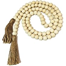 Farmhouse Beads, 59in Wood Bead Garland with Tassels, Bookshelf Decor for Tiered Tray, Decorative Tassel for Tier Tray, Rustic Beads Centerpiece Boho Table Decor, Beaded Accent White Washed
