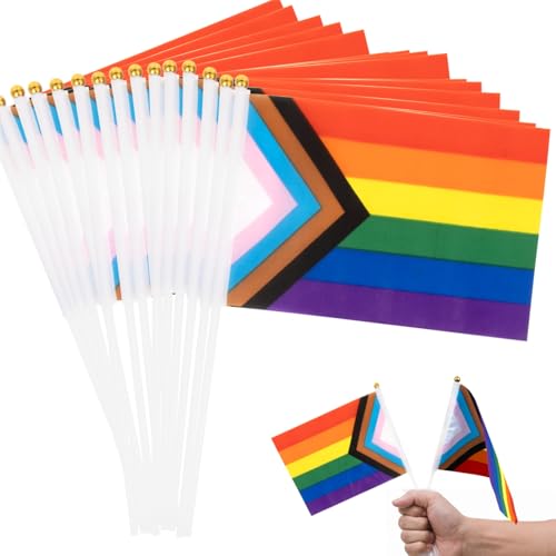 RAINFLOW 50 Pack Small Pride Flags On Sticks - Gay LGBTQ Mini Hand Held Stick Flags Bulk Pride Accessories for Parade Gay Lesbian Bisexual Transgender LGBT Party Decorations Pride Month Celebration