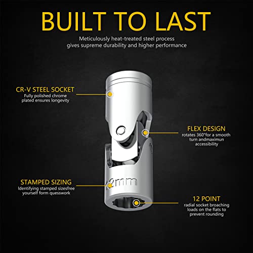 Renekton 3/8 Inch Drive Metric Flex Socket Set, 12 Point, Swivel Head, Cr-V Steel, 10Mm To 19Mm, 10 Piece #TOP2