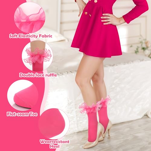 Women Big Ruffle Socks 2 Pairs Double Lace Turn Cuff Ankle Socks Adult Cotton Frilly Dress Cute Bobby Sock with Ruffles for Woman Cotton Ruffled Dress Crew Sock (White Hot Pink)3