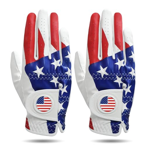 FINGER TEN Golf Gloves Men with Ball Marker 2 Pack (USA, Large, Right)
